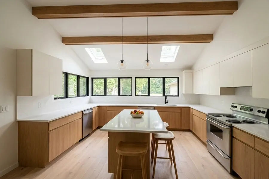 Dated 1980s walnut-laminate kitchen with water-stained vaulted ceiling remodeled into a white kitchen with oak flat-panel cabinets, quartz island and black-framed windows